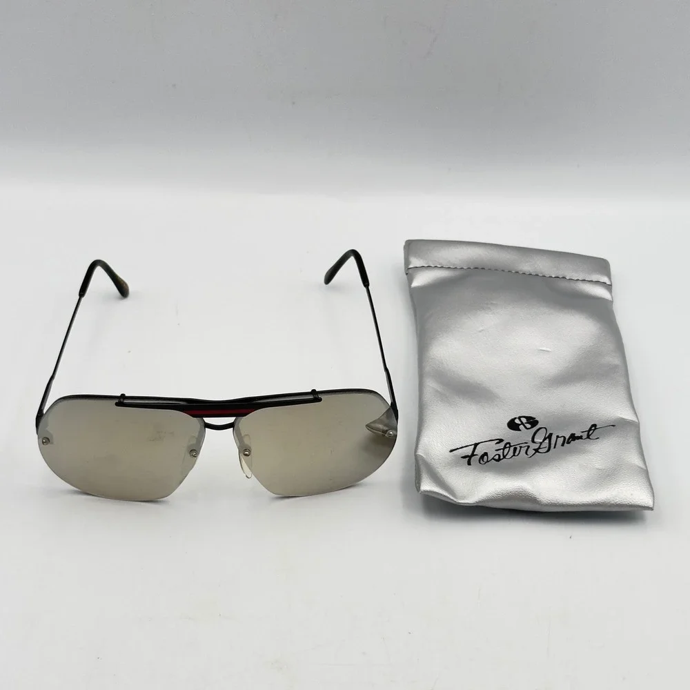 Vtg Foster Grant Aviator Sunglasses Silver Mirror Lens‎ Black Frame Red Stripe